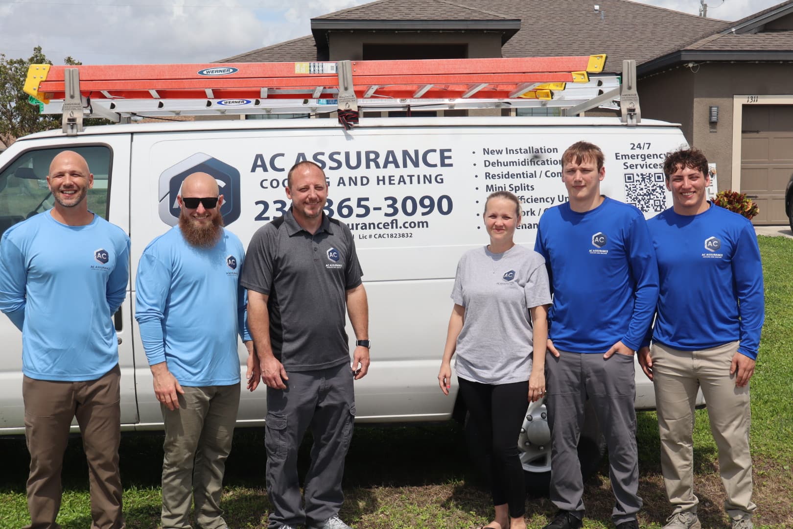 The AC Assurance Cooling & Heating team in front of the company van in Cape Coral, FL — licensed CAC1823832